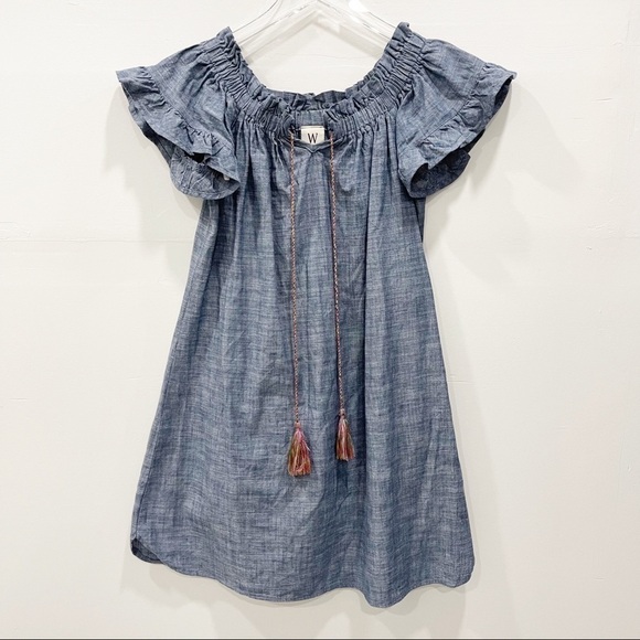 W Wrapper Chambray Split Neck Tassel Off The Shoulder Dress Small Blue - Picture 1 of 7